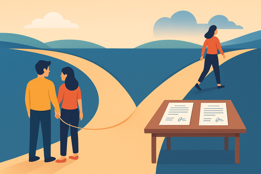 Ilustración de una pareja en una encrucijada entre separación y divorcio.
