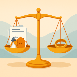 Balanza con documentos legales, llaves y anillo representando el divorcio de mutuo acuerdo.