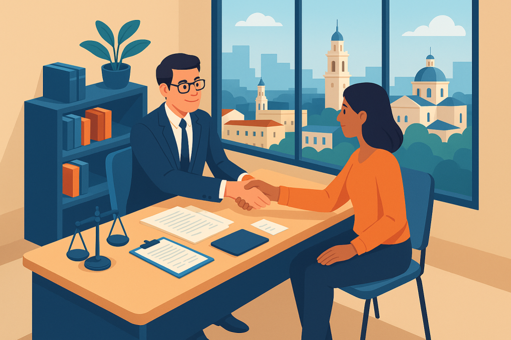 Abogado laboralista en Huelva asesorando a una trabajadora en su despacho.