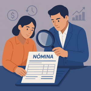 Trabajadores analizando nómina para reclamar salarios impagados.