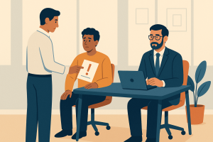 Abogado laboralista acompañando a trabajador tras recibir carta de despido.