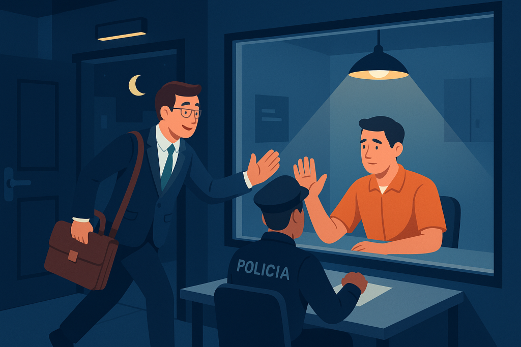 Abogado llegando de noche a comisaría para asistir a un detenido en Huelva