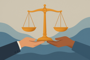Manos de abogado y cliente sosteniendo una balanza que representa justicia y confianza.