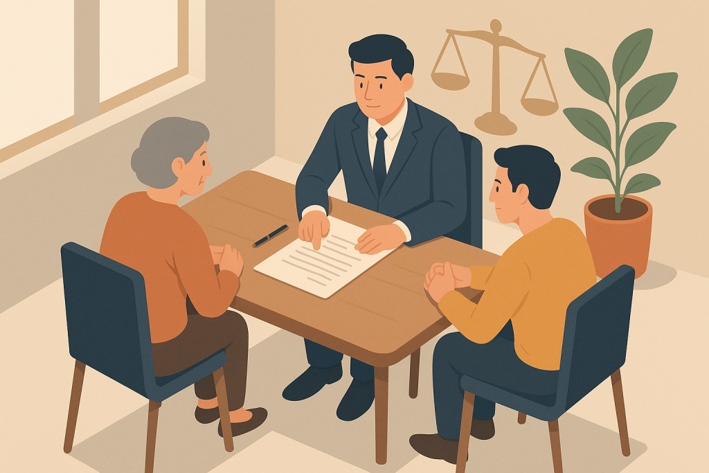 Abogado revisando testamento con clientes en despacho jurídico de Huelva.