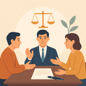 Mediación entre herederos con abogado guiando acuerdo justo.