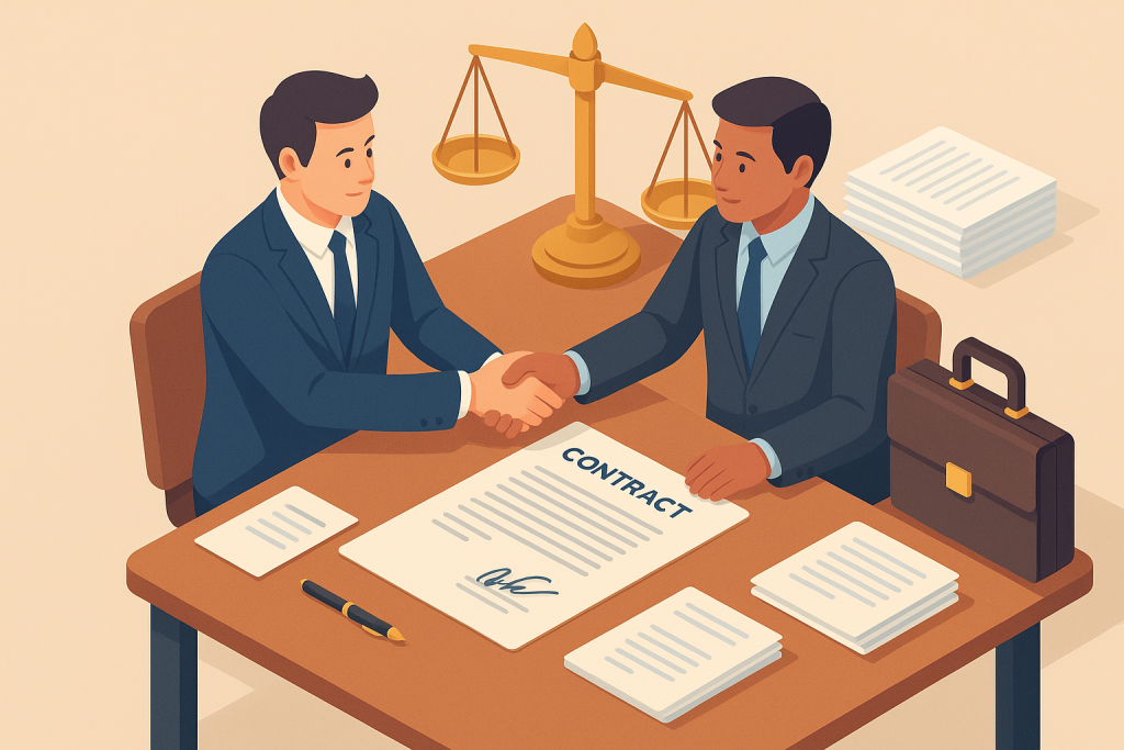 Empresarios firmando contrato mercantil con asesoría legal en entorno profesional.