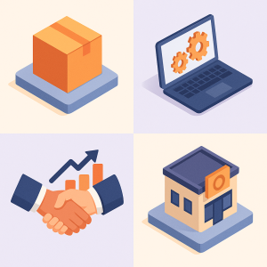 Ilustración isométrica mostrando distintos tipos de contratos mercantiles para pymes.