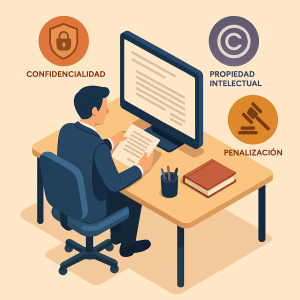 Abogado revisando cláusulas clave en contrato mercantil con íconos legales.
